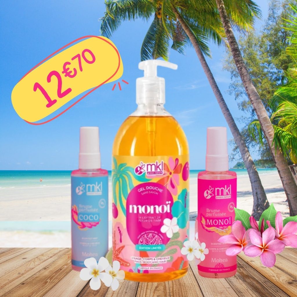 La Grande Pharmacie de la Poste 25 gamme MKL Green Nature aux senteurs Monoï & Coco : gels douche, brumes parfumées