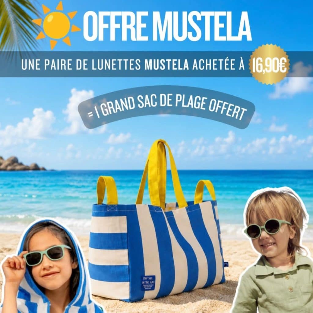 La Grande Pharmacie de la Poste 25 Offre Mustela : pour l'achat d'une paire de lunettes de solei Mustela à 16.90€, le sac de plage est offert.