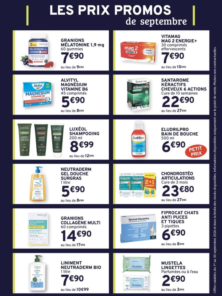 Les prix promos du mois de septembre 2026 à La Grande Pharmacie de la Poste à Sarrebourg